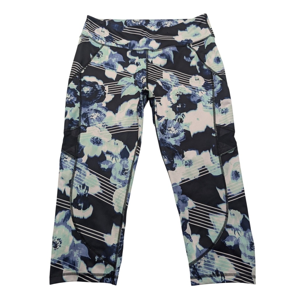 Fila Sport Capri Leggings Womens XL Blue Floral Striped Mesh Ruched Activewear